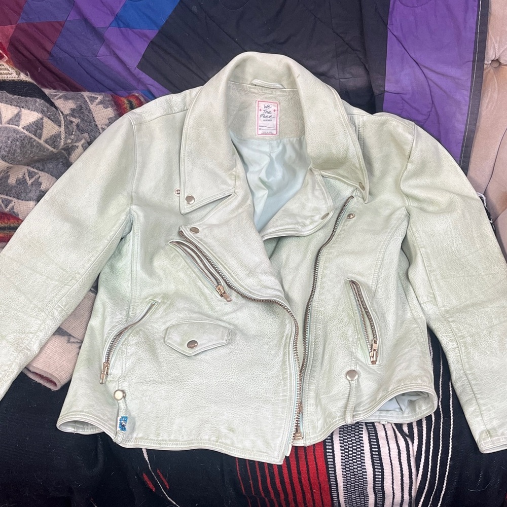 Free people green leather moto style jacket 
SUPER CUTE